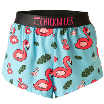 Ghost image of Chicknlegs men's 2 inch split running shorts in the blue flamingo design