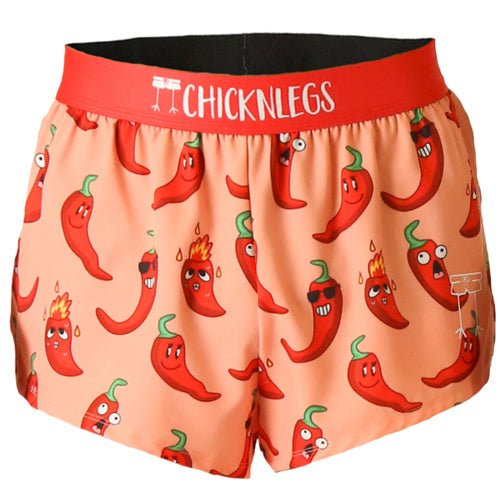 Chicknlegs men's 2 inch split running shorts in the chase pack chili pepper design, a ghost image is shown.