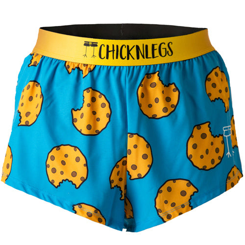 Ghost image of Chicknlegs men's 2 inch split running shorts in the chocolate chip cookies design