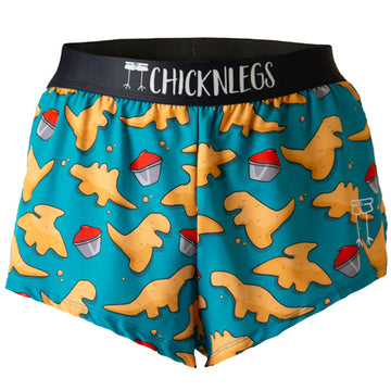 Ghost image of Chicknlegs men's 2 inch split running shorts in the dino nuggets design