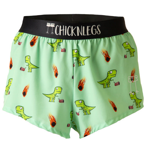 Ghost image of Chicknlegs men's 2 inch split running shorts in the dino-sore design