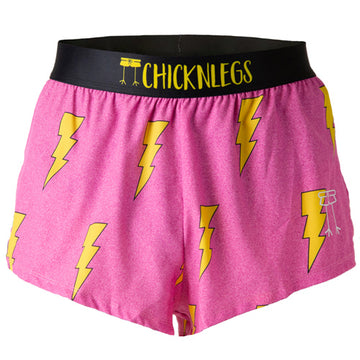 Ghost image of Chicknlegs men's 2 inch split running shorts in the hot pink bolts design