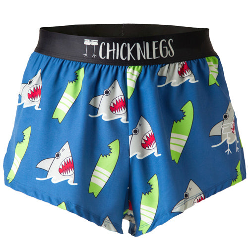 Ghost image of Chicknlegs men's 2 inch split running shorts in the blue sharks design