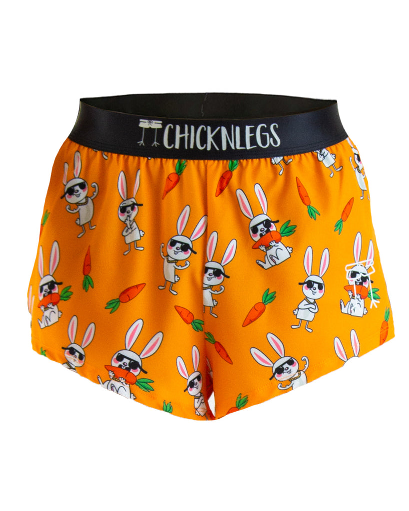 Ghost Image of ChicknLegs men's 2 in split running shorts in the Bad Bunny design. The print has white bunnies on it with carrots.