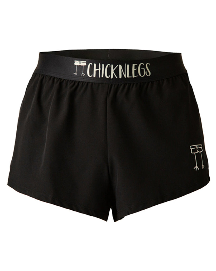 Chicknlegs men's 2 in split running shorts in the black design, made for runners, as a ghost image.