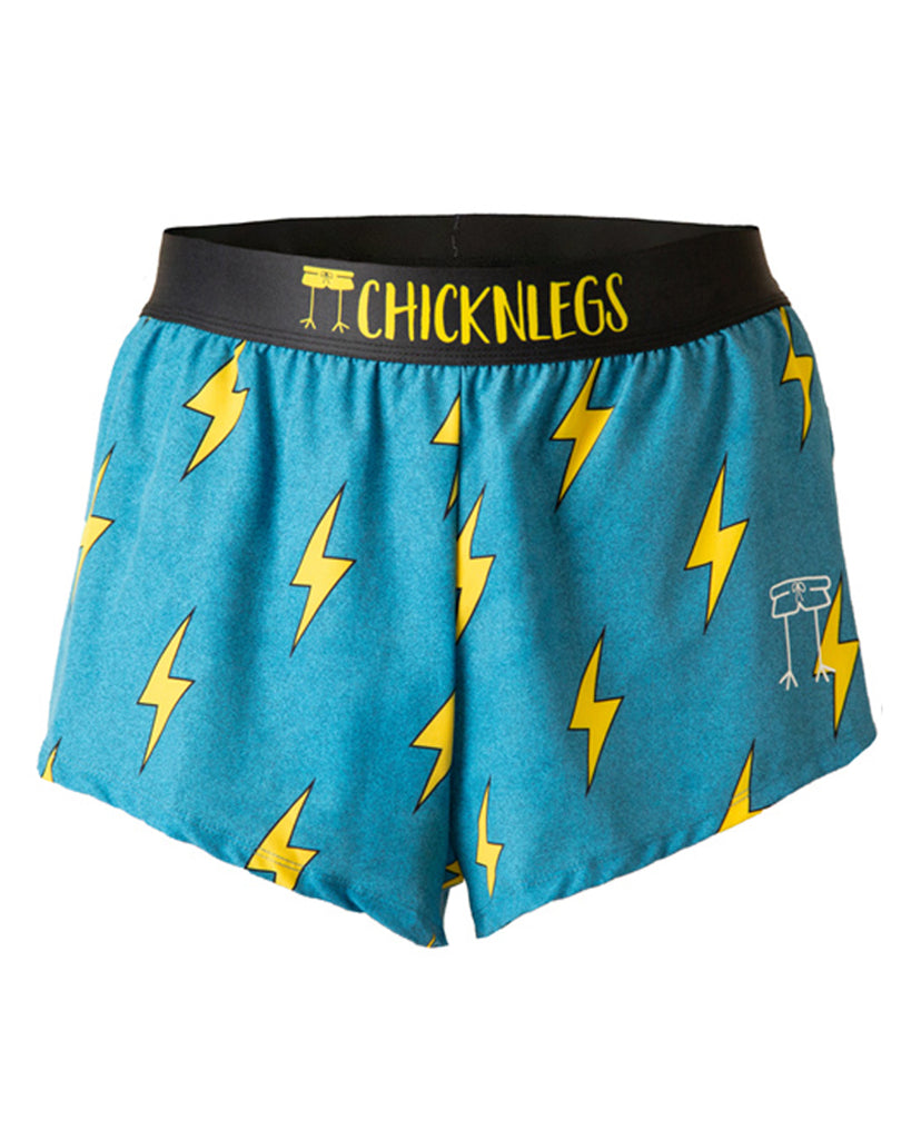 Chicknlegs men's 2 in split running shorts in the blue bolts design, in a ghost image with yellow bolts on a blue background made for runners.