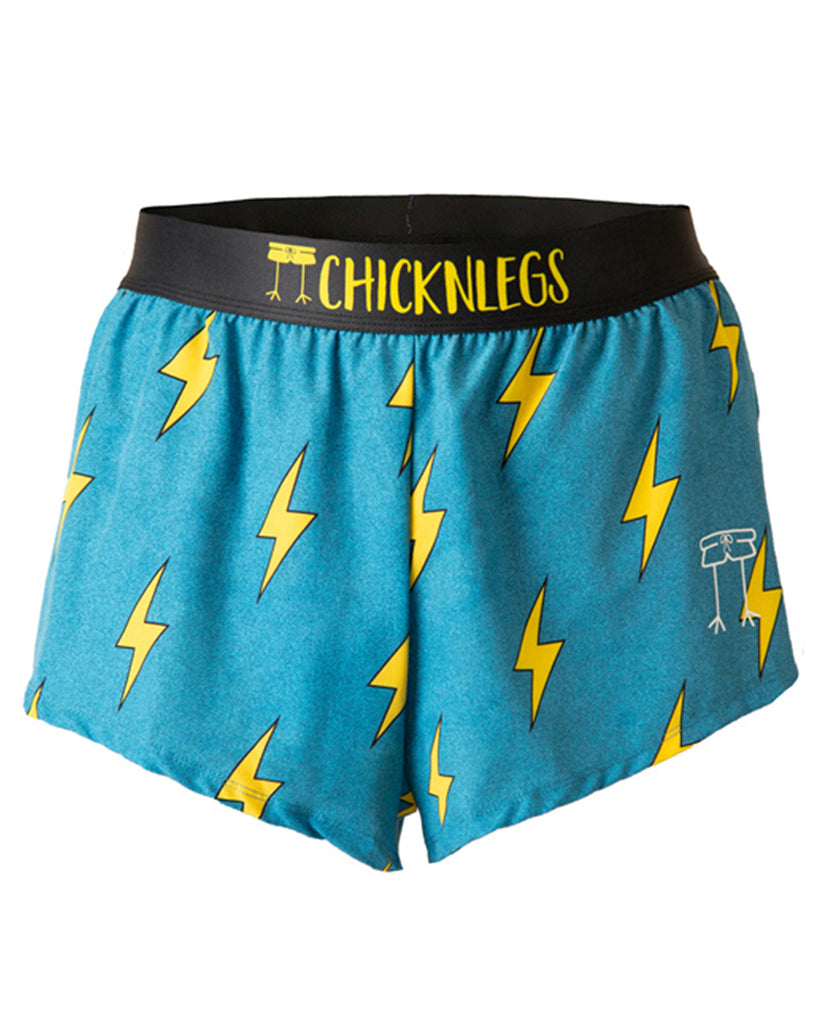 Chicknlegs men's 2 in split running shorts in the blue bolts design, in a ghost image with yellow bolts on a blue background made for runners.