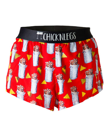 These chicknlegs men's 2 in split running shorts are in the burrito design, as a ghost image. These shorts are made for runners with the print having a red background with burritos on it and the with chips.