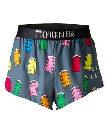 These shorts are from Chicknlegs as the men's 2 in split running shorts in the porta potty design as a ghost image. The design has a bunch of porta pottys on it in various colors of red, blue, yellow, pink and green.