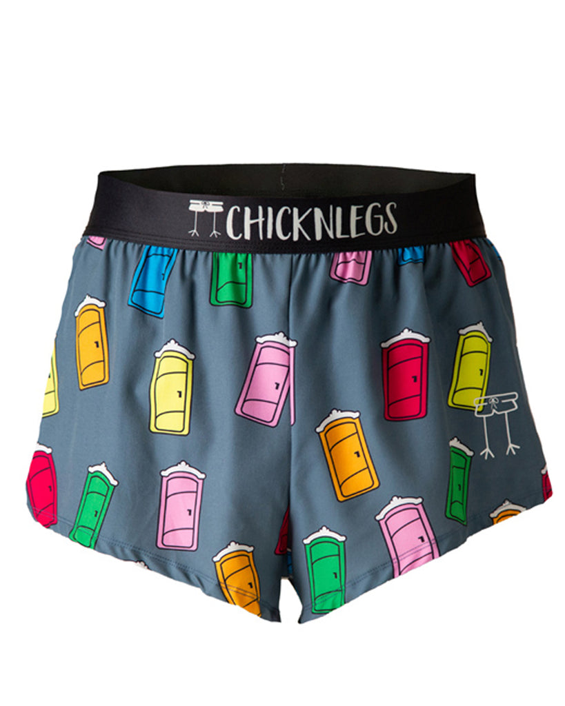 These shorts are from Chicknlegs as the men's 2 in split running shorts in the porta potty design as a ghost image. The design has a bunch of porta pottys on it in various colors of red, blue, yellow, pink and green.