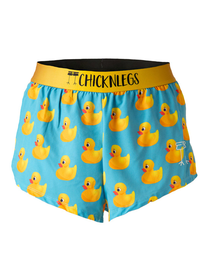 These shorts are from Chicknlegs as the rubber ducky design, as a ghost image. These shorts are made for runners by runners. We love running. Rubber Duckys are all over these 2 in split running shorts that a bright yellow. Quack.