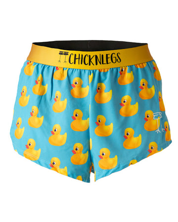 These shorts are from Chicknlegs as the rubber ducky design, as a ghost image. These shorts are made for runners by runners. We love running. Rubber Duckys are all over these 2 in split running shorts that a bright yellow. Quack.