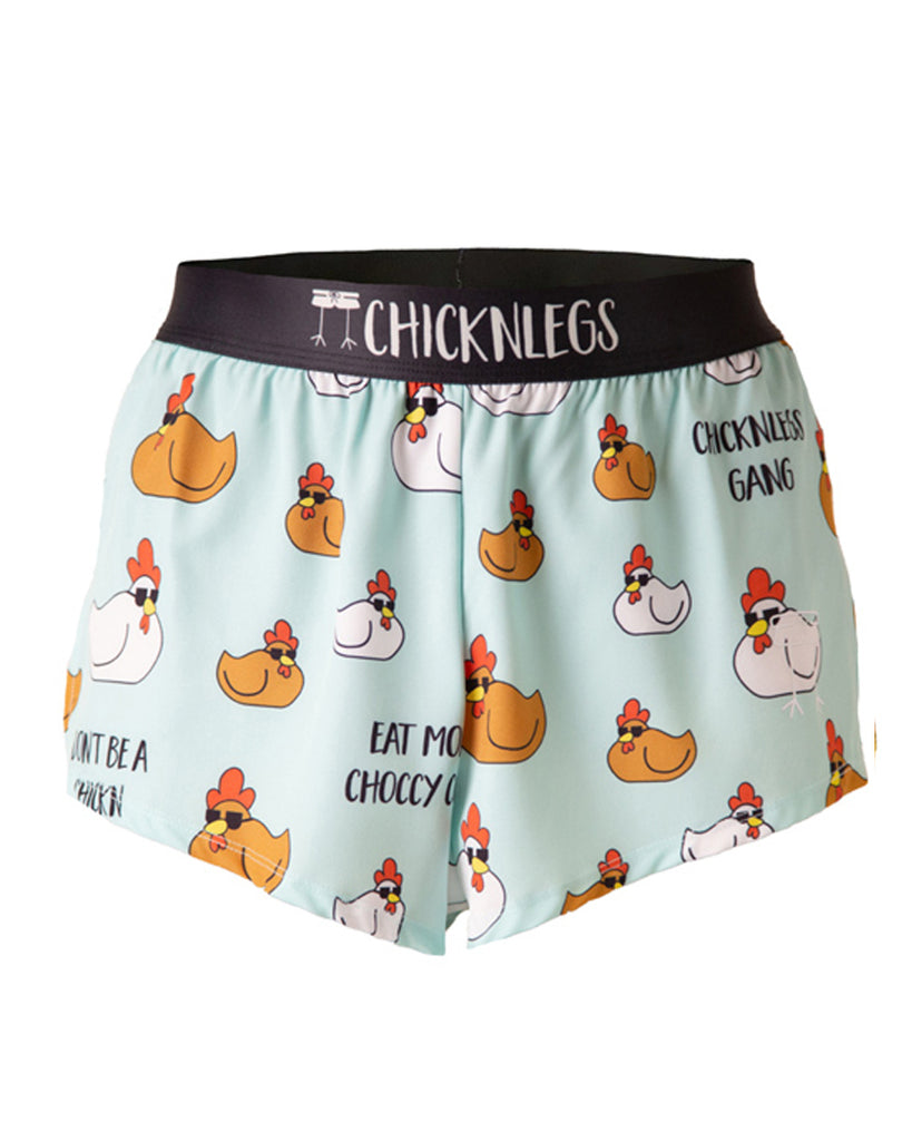 These shorts are from Chicknlegs in the men's 2 in split running shorts as the swaggy chickn design, as a ghost image. These shorts have fun chickens in brown and white hens with sunglasses that are more for the chicken legs gang.