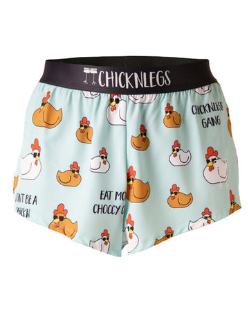 These shorts are from Chicknlegs in the men's 2 in split running shorts as the swaggy chickn design, as a ghost image. These shorts have fun chickens in brown and white hens with sunglasses that are more for the chicken legs gang.