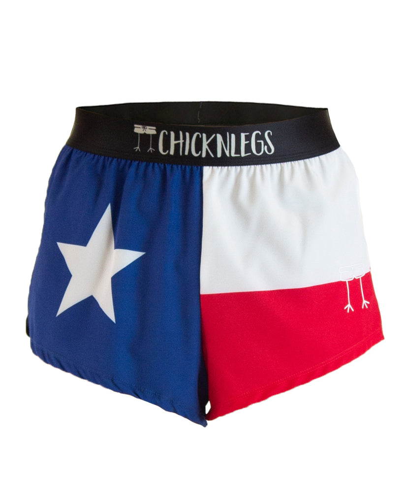 ChicknLegs men's 2 in split running shorts in the texas design as a ghost image.