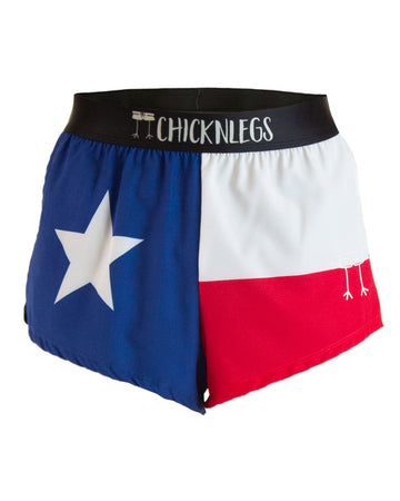 ChicknLegs men's 2 in split running shorts in the texas design as a ghost image.