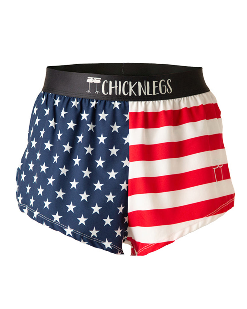 These shorts are from Chicknlegs in the men's 2 in split running shorts as the USA flag design, as a ghost image. The shorts have the USA state flag on them, made for american loved runners.