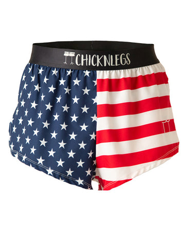 These shorts are from Chicknlegs in the men's 2 in split running shorts as the USA flag design, as a ghost image. The shorts have the USA state flag on them, made for american loved runners.