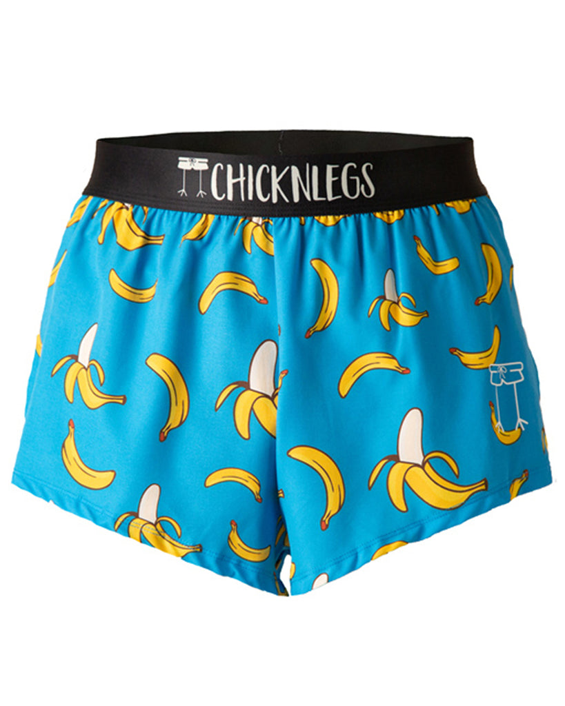 These shorts are from Chicknlegs as the men's 2 in split running shorts as the blue bananas design as a ghost image. They have bananas all over them with a blue background.