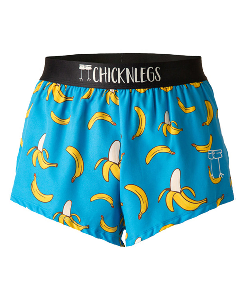 These shorts are from Chicknlegs as the men's 2 in split running shorts as the blue bananas design as a ghost image. They have bananas all over them with a blue background.