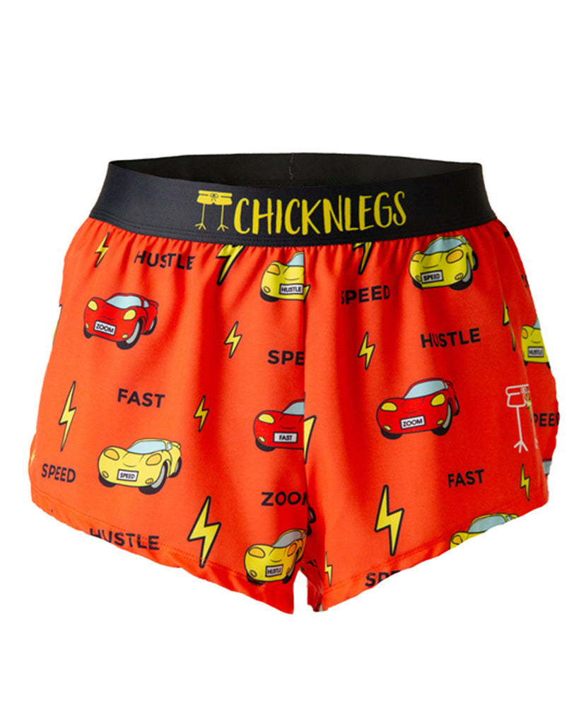 These Chicknleg's shorts are in the men's 2 in split running shorts in the cars design, as a ghost image. The print has yellow bolts on it with red and yellow cars all over, with text as speed, fast, hustle, and zoom.