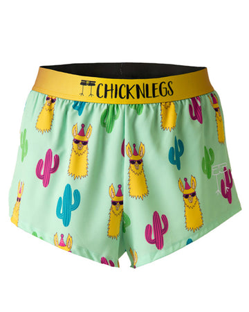 These shorts are from Chicknlegs as the men's 2 in split running shorts with the green llama design, as a ghost image. The print has yellow orange llamas on it with cactus that are green, blue, and red with a yellow waistband.