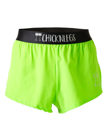 These shorts are from Chicknlegs as the neon green design, as a ghost image. The shorts are the men's 2 in split running shorts.