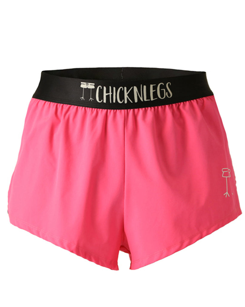 These shorts are from Chicknlegs as the neon pink design, as a ghost image. They are the men's 2 in split running shorts made for runners.