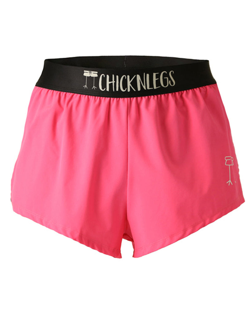 These shorts are from Chicknlegs as the neon pink design, as a ghost image. They are the men's 2 in split running shorts made for runners.