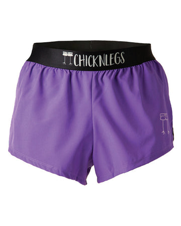 These shorts are the Chicknlegs men's 2 in split running shorts in the purple design, as a ghost image. These runners love purple.