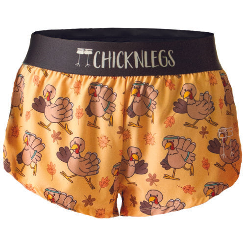 Ghost image of Chicknlegs men's 2 inch split running shorts in the pardon turkey design