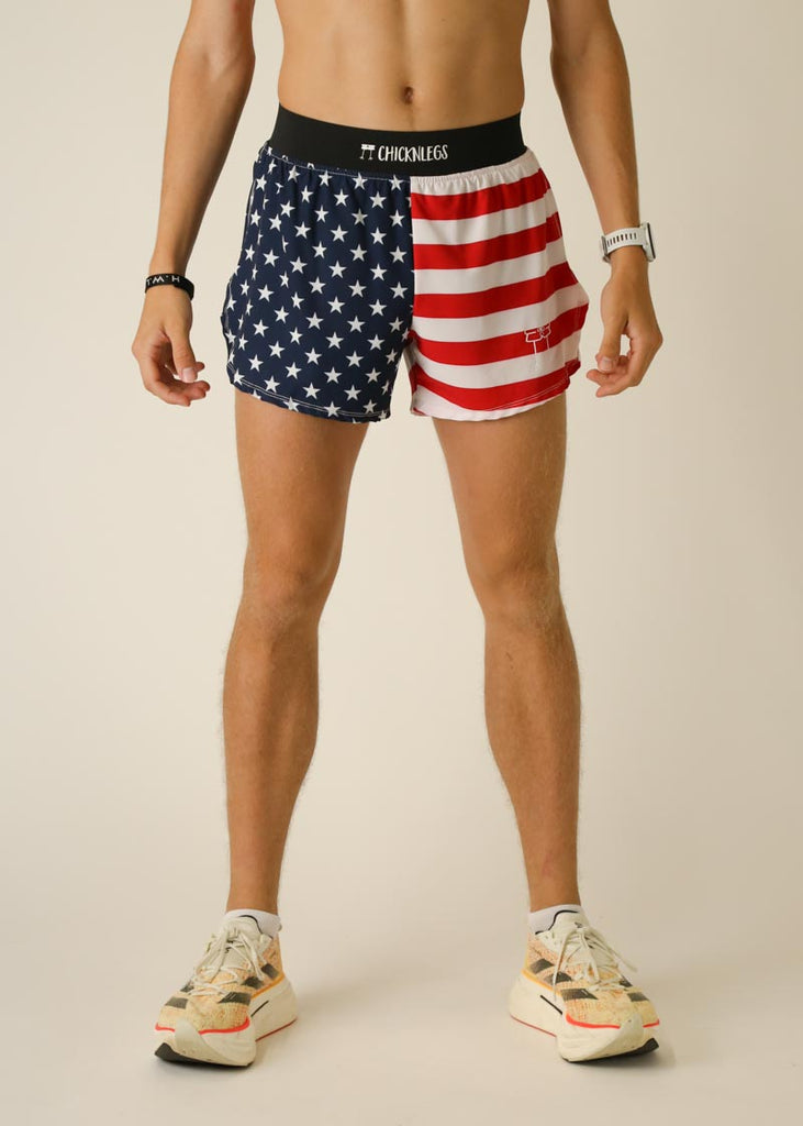 Model wearing Chicknlegs in men's 4 inch split running shorts in the usa design, facing front.