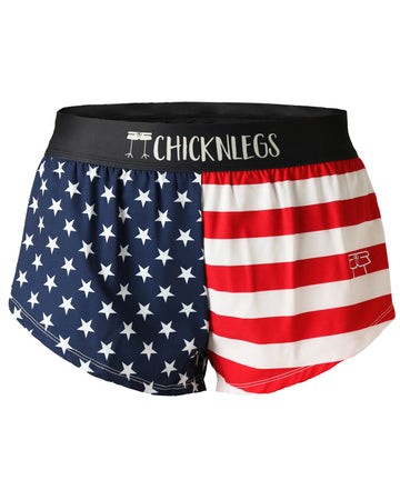 Chicknlegs women's 1.5 in split running shorts in the USA Flag design, as a ghost image. This print is great for runners who love america and the USA State Flag.