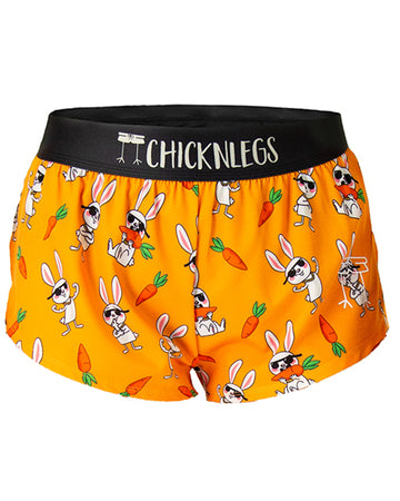 Ghost image of ChicknLegs is shown in the women's 1.5 in split running shorts with the bad bunny design.