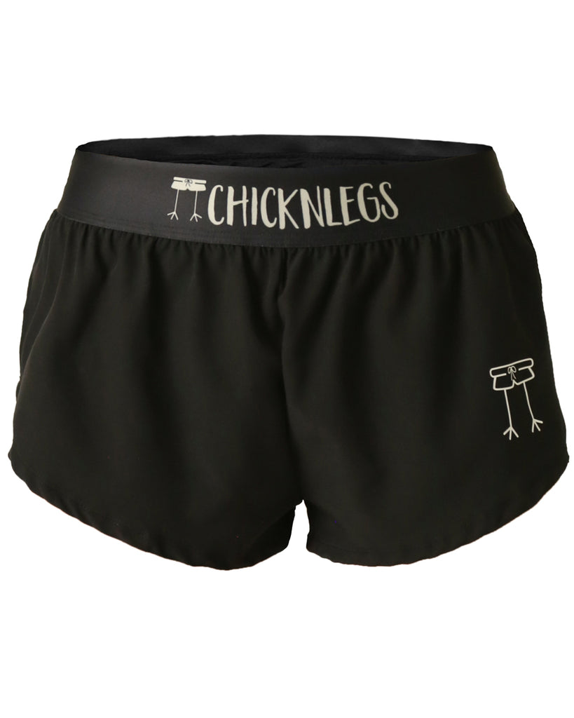 These shorts are from Chicknlegs in the women's 1.5 in split running shorts as the solid black design, as a ghost image. Runners wear black to match with most clothes and fits.