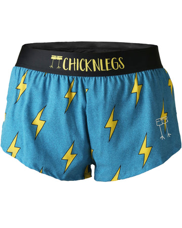 These shorts are from Chicknlegs in the women's 1.5 in split running shorts as the blue bolts design, as a ghost image. The print has yellow bolts on it with a blue background.