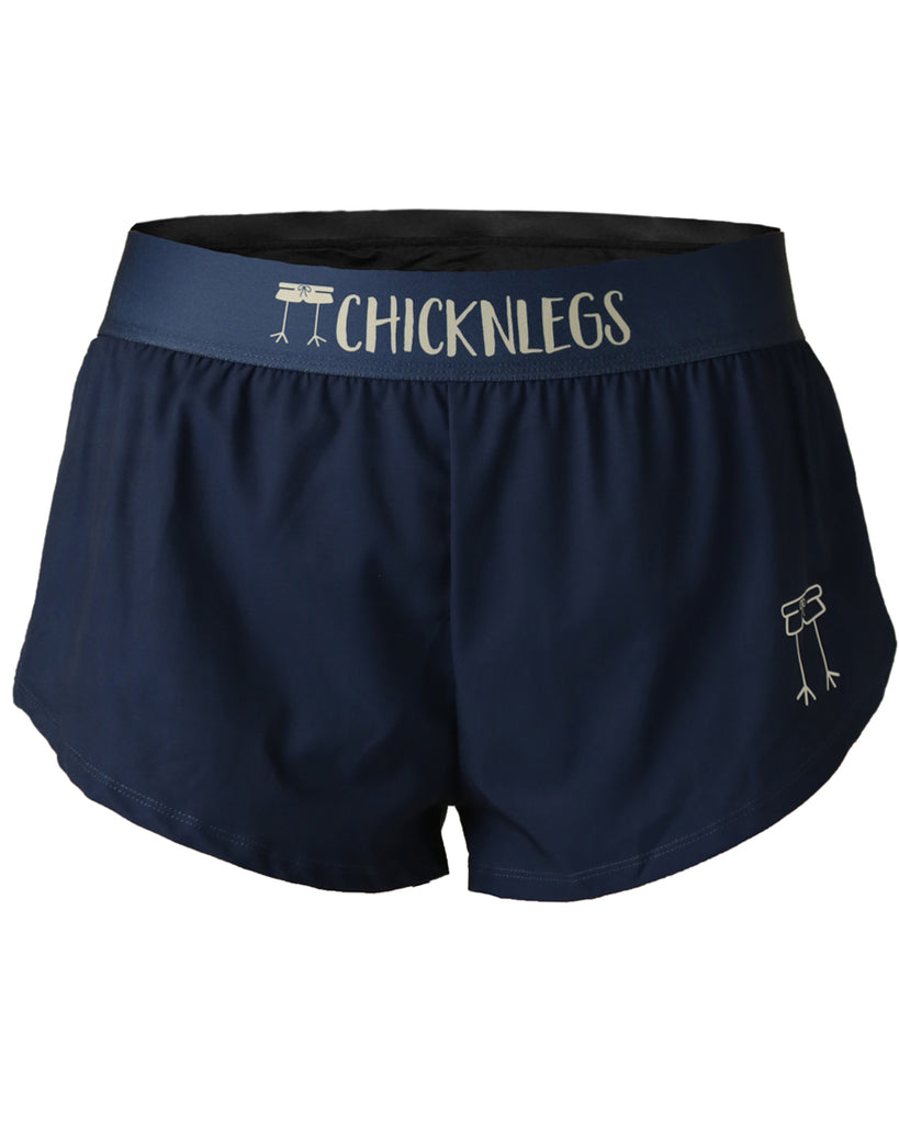 Chicknlegs women's 1.5 in split running shorts in the solid navy design, as a ghost image.