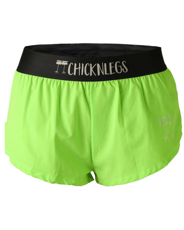 Chicknlegs women's 1.5 in split running shorts in the neon green design, as a ghost image.