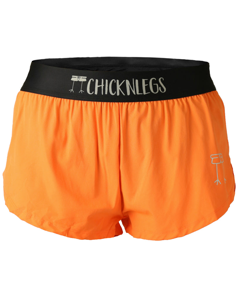 Chicknlegs women's 1.5 in split running shorts in the neon orange design, as a ghost image.