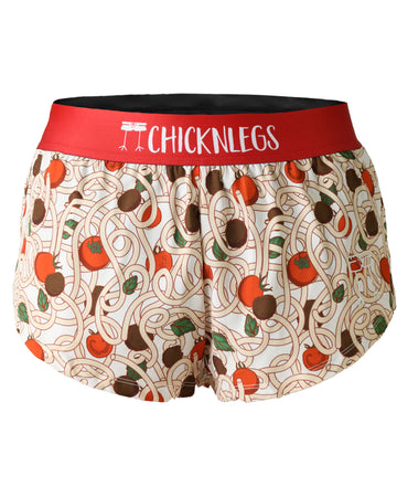 Ghost image is of the ChicknLegs women's 1.5 in split running shorts in the pasta night design. The print has spaghetti noodles, pasta, tomatoes, meatballs, basil, and a fun italian feel.