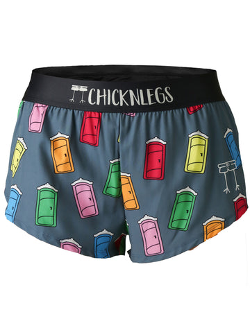 Chicknlegs women's 1.5 in split running shorts in the porta potty design as a ghost image. The print has various porta pottys on it in red, green, yellow, blue, orange and pink.