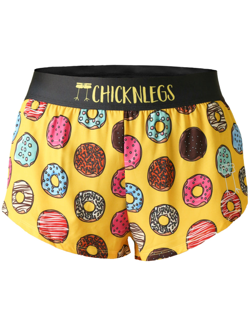 Chicknlegs women's 1.5 in split running shorts in the salty donuts design as a ghost image. The print has various doughnuts all over it in many flavors. Runners love donuts.