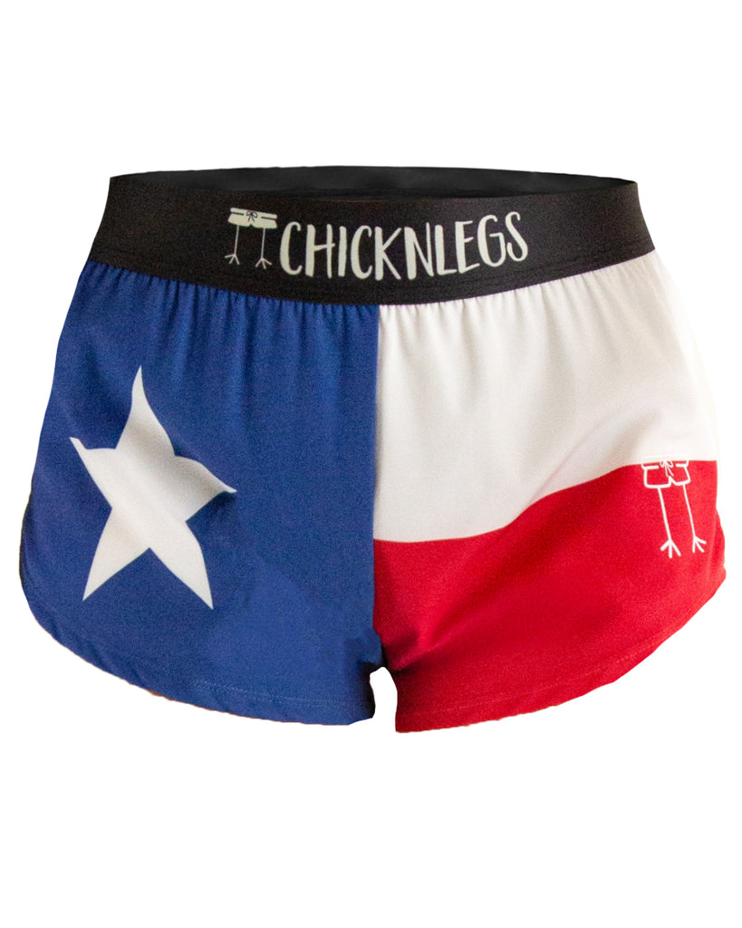 Ghost image of ChicknLegs women's 1.5 in split running shorts are shown in the Texas Flag print.