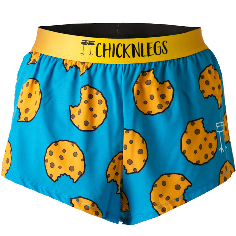 Ghost image of Chicknlegs men's 2 inch split running shorts in the chocolate chip cookies design