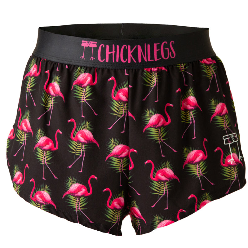 Ghost image of Chicknlegs men's 2 inch split running shorts in the black flamingo design