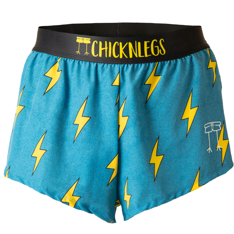 Ghost image of Chicknlegs men's 2 inch split running shorts in the blue bolts design