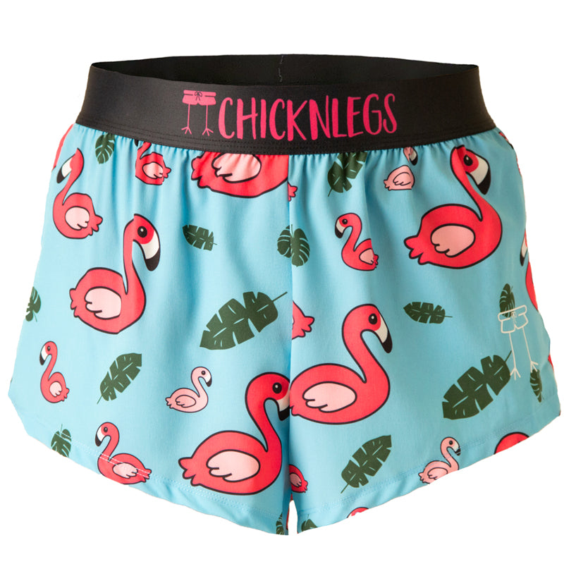 Ghost image of Chicknlegs men's 2 inch split running shorts in the blue flamingo design