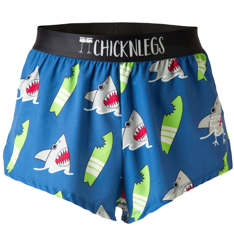 Ghost image of Chicknlegs men's 2 inch split running shorts in the blue sharks design