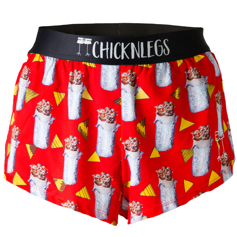 Ghost image of Chicknlegs men's 2 inch split running shorts in the burritos design