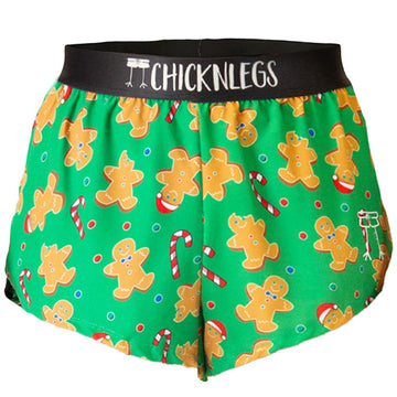 A ghost image of Chicknlegs Men's 2 inch split running shorts in the Gingy Revenge's Gingerbread Men design is show.